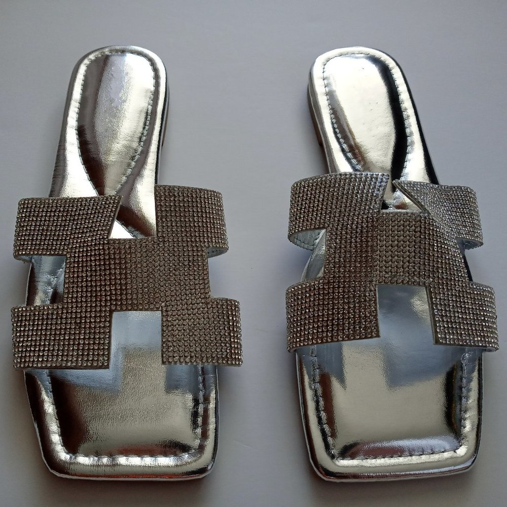 Women Rhinestone Glitter Sandal ,Slip on Slide Silver Color